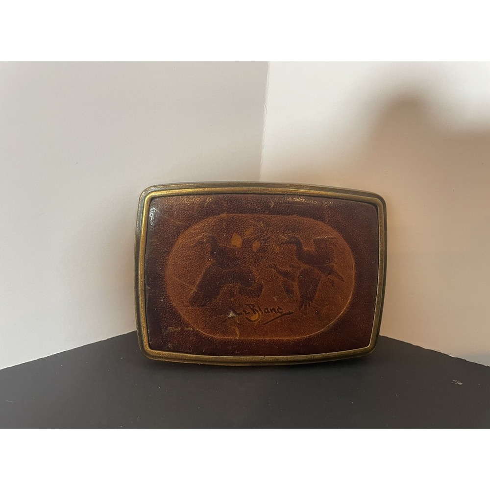 Vintage Lee LeBlanc Signed Leather And Brass Duck Hunting Belt Buckle Rare